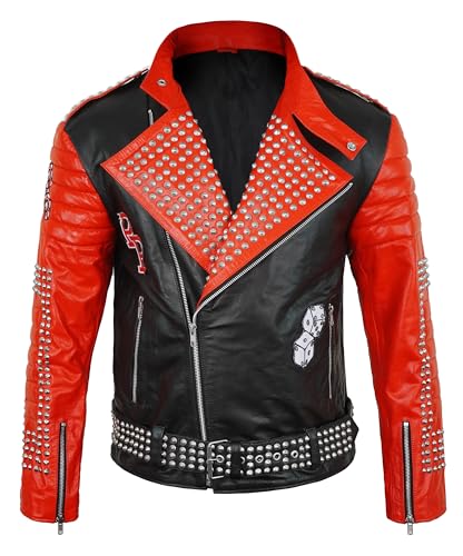 III-Fashions Red & Black Leather Motorcycle Jacket – Men’s Racing Biker PP studded Coat, bold Pel-le Streetwear Style