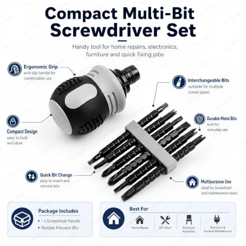 Image of Ratchet Screwdriver Set with Multi Bits, Reversible Ratcheting Handle and Extension Shaft, Multipurpose Hand Tool Kit for Home Repair, Furniture, Electrical Work, DIY and Maintenance.