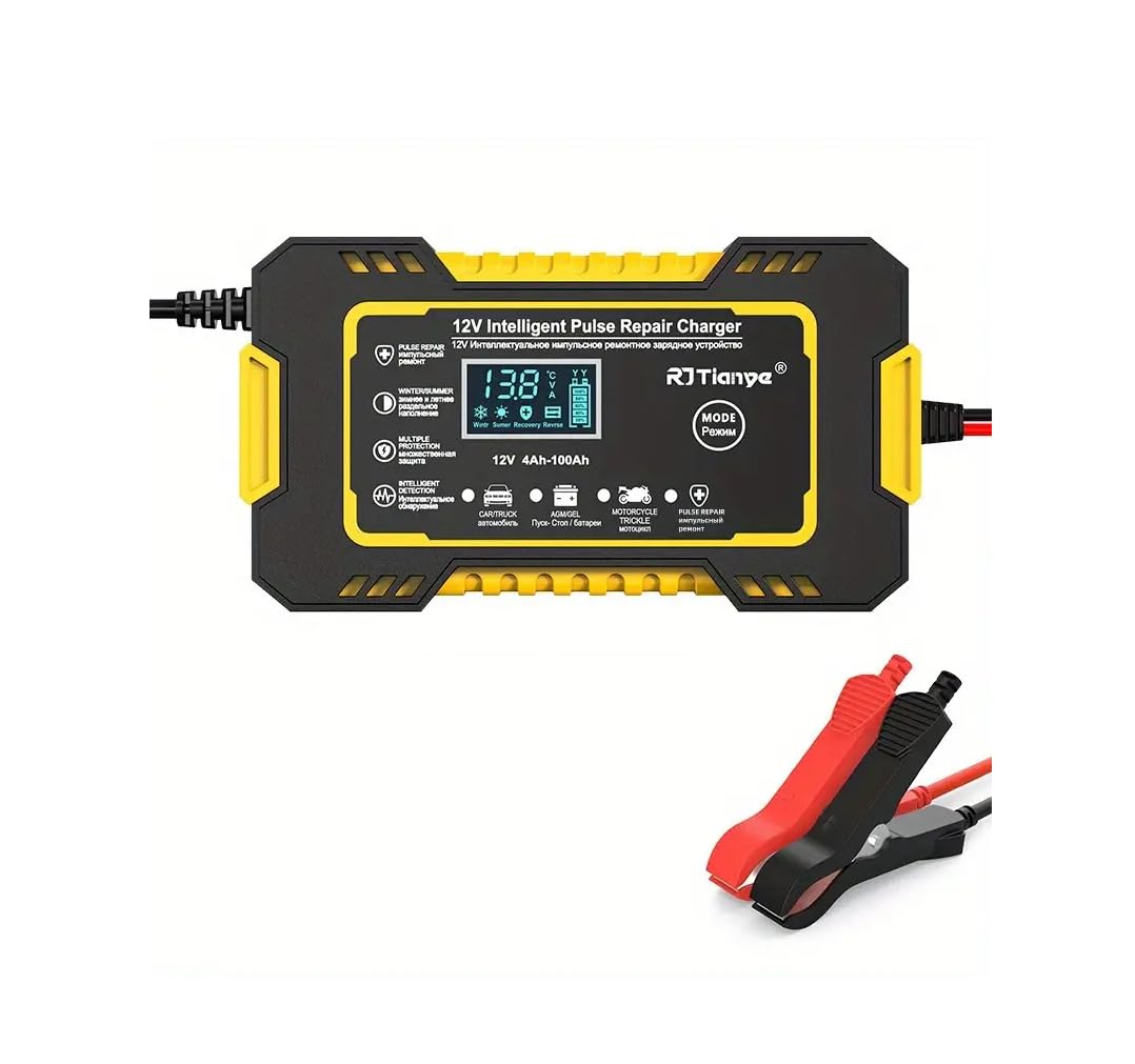 Car Battery Charger, 12V-6A Portable Smart Trickle Charger and Maintainer  With Temperature Compensation LCD Display for Cars, AGM/Gel Lead Acid