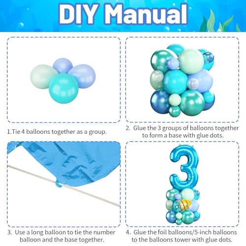 Image of Blue Number 3 Balloon 40 Inch Ocean Under the Sea Number Three Foil Balloons Tower with Shark Bubble Fish for Boys Third 3rd Birthday Party Decor Green Underwater Digital Aluminum Balloons Stack