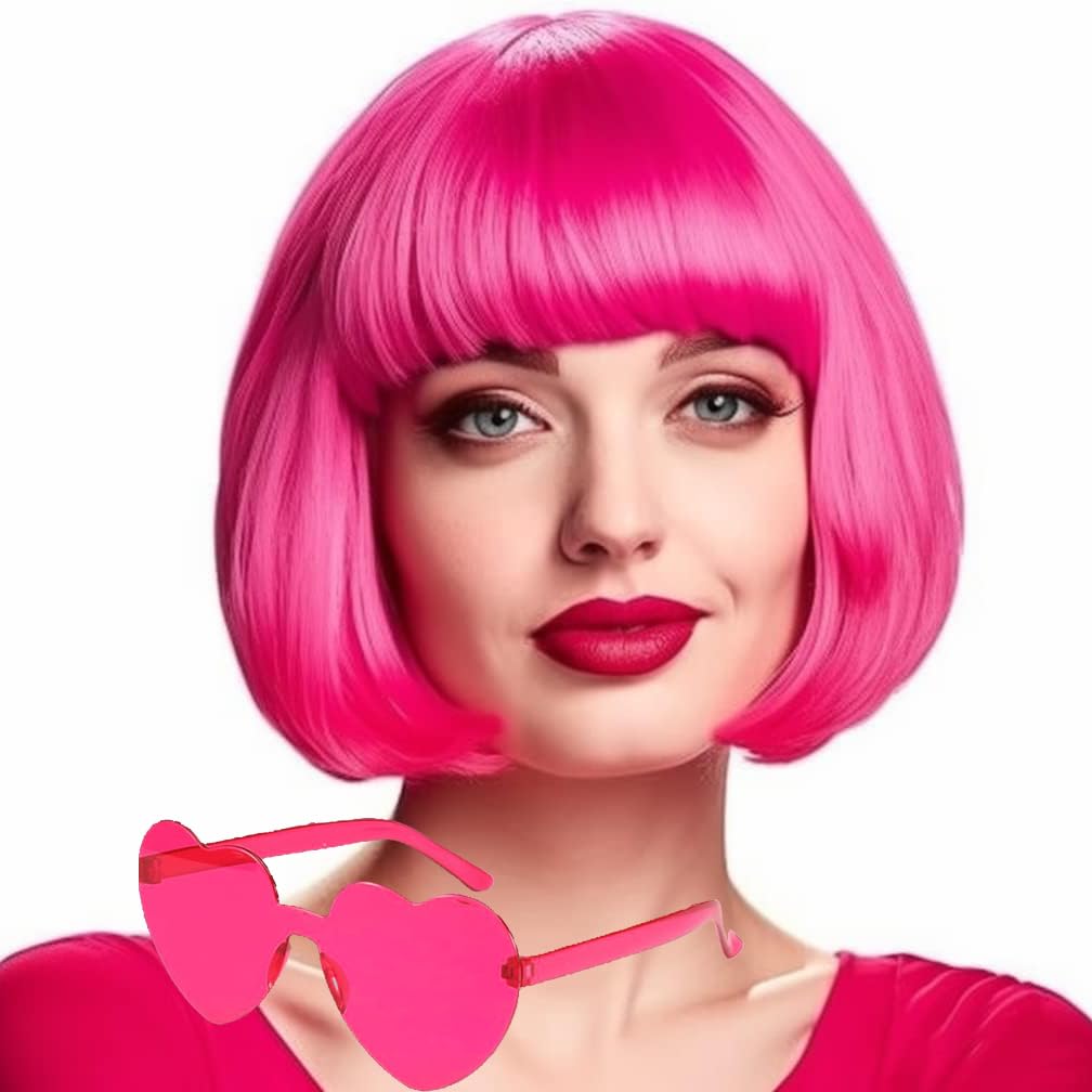 PORSMEER Short Hot Pink Bob Wig and Sunglasses 12 Inch Colorful Synthetic Hair Wigs with Fringe for Women Unisex Halloween Costume Cosplay + Wig Cap