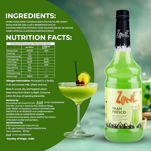Image of Zone Paan Fresco Flavoured Syrup 1000ml - For Mocktails, Milkshakes, Desserts, Paan Shots & Fusion Drinks | Premium Bar Blend 1 Litre - More Servings, Ideal for Cafes, Restaurants & Professional Use