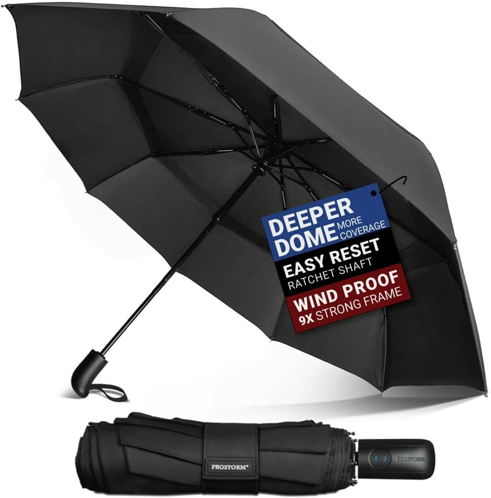 Prostorm Vented Travel Umbrella | Strong Compact Windproof Umbrella | Deep Dome Coverage | Auto Open/Close | Portable Pop Up with Large Coverage | Fits Car & Backpack