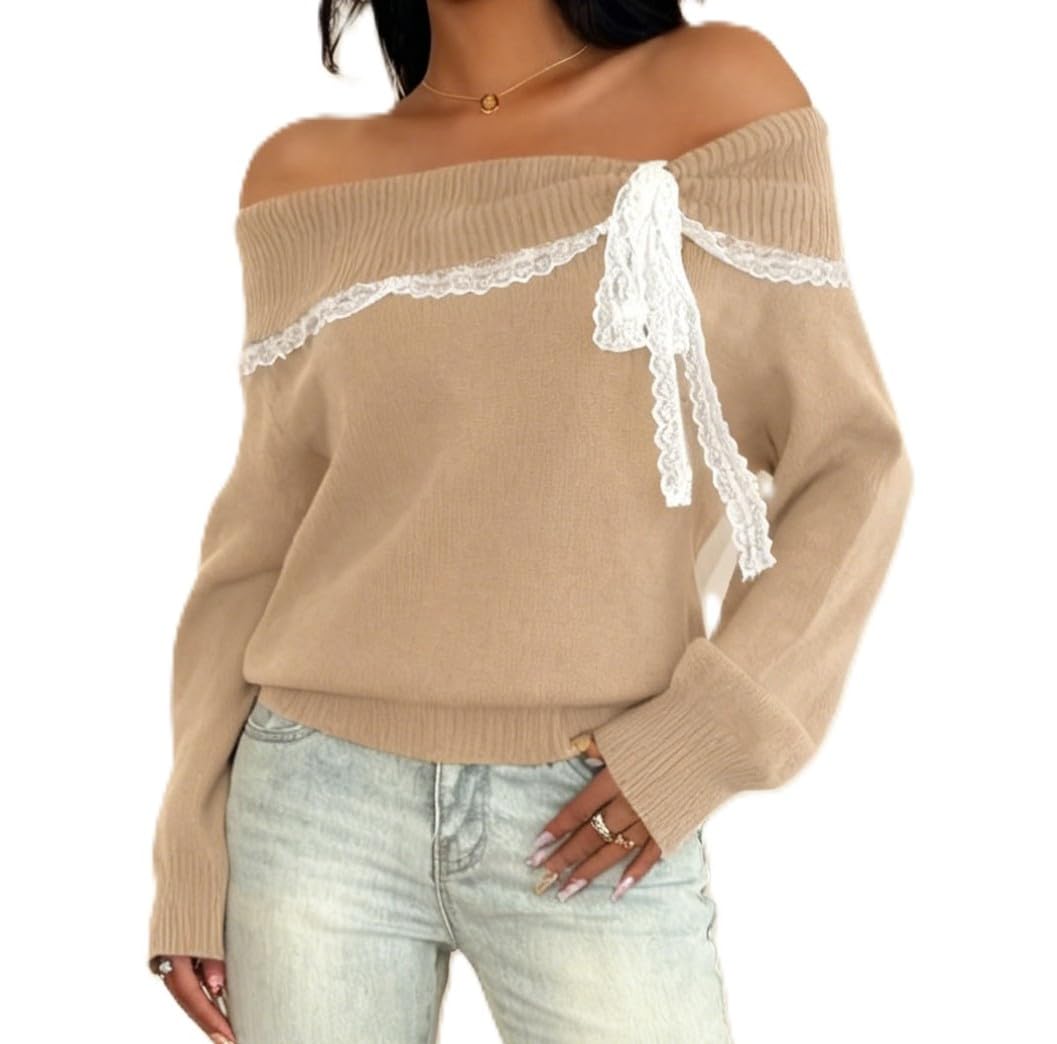 Womens Off The Shoulder Sweater Lace Bow Tie Long Sleeve Sexy Cold Shoulder Sweater Fall Y2k Knit Pullover