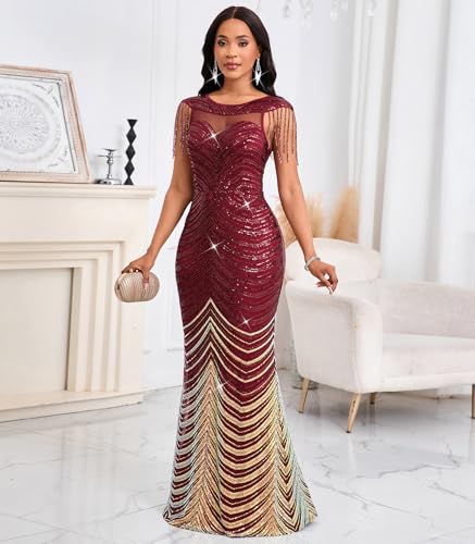 Image of Cololura Women Sexy Sequin Mesh Perspective Bodycon Party Cocktail Evening Gown Maxi Dress