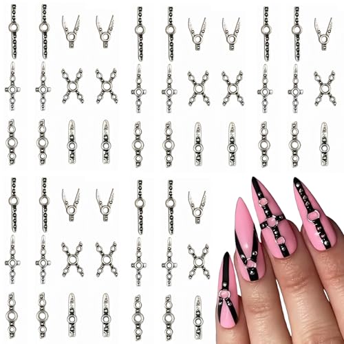 100 Pcs Metallic Punk Belt Nail Charms 3D Alloy Flat Bottomed Scissors Mixed Black Silver Nail Art Rhinestones Gothic Belt Nail Jewels for Women Goth Manicure Charms Accessories DIY Crafts Decorations