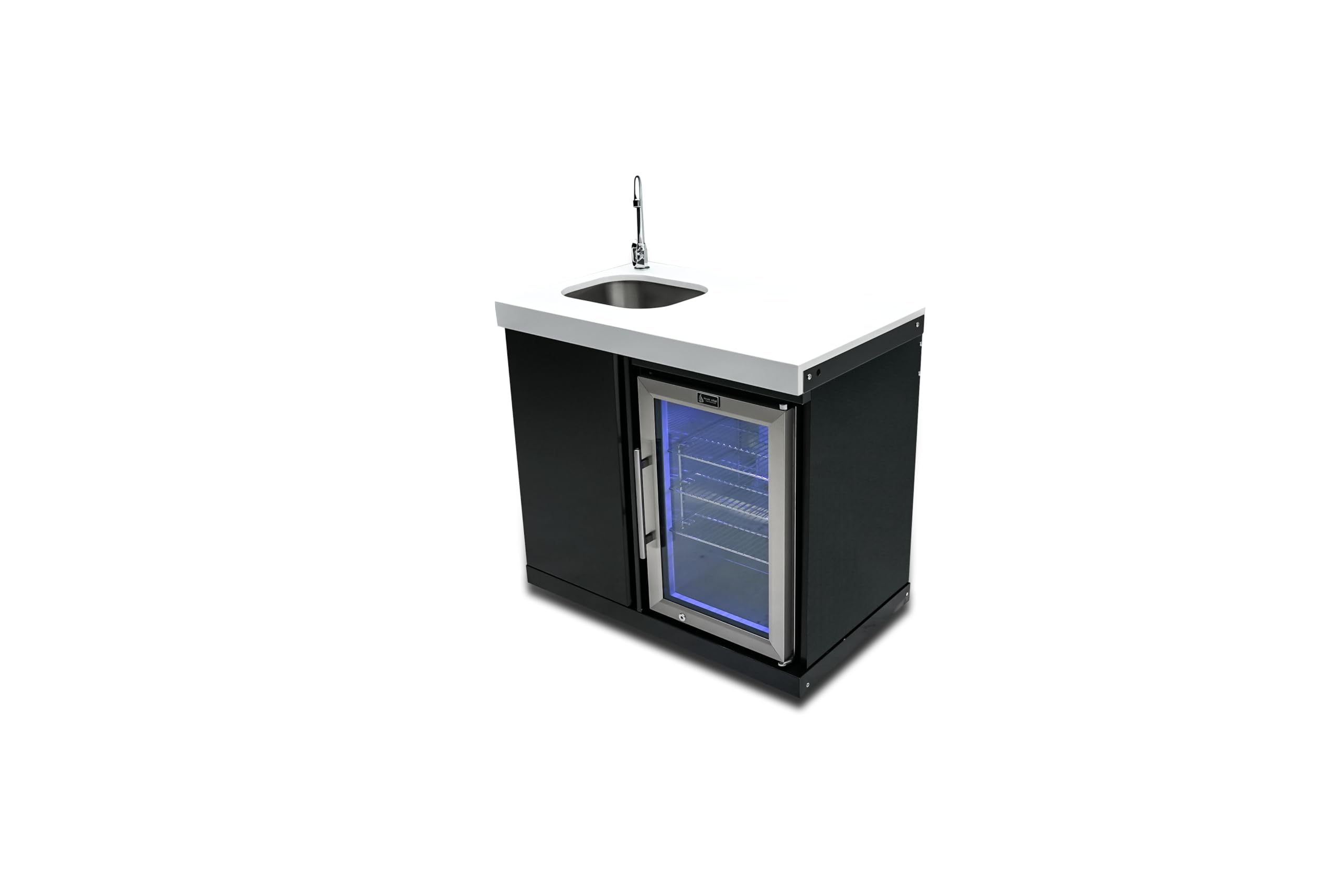 Mont Alpi Premium 38"W x 23"D x 46"H Black Stainless Steel Outdoor Beverage Center Module with 2.7 Cu. Ft. Glass Door Refrigerator + Faucet & Sink Combo + Storage Cabinet + White Granite Countertops on Fridge.com
