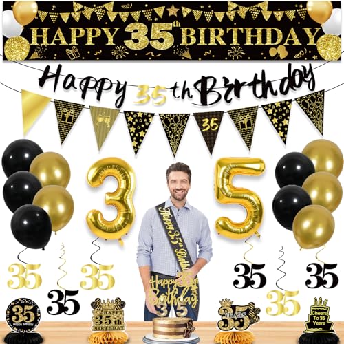 27pcs 35th Birthday Decorations for Men Black Gold 35th Party Decorations Happy 35th Birthday Banner Honeycomb Hanging Swirls Cake Topper and Balloons Kit Party Supplies