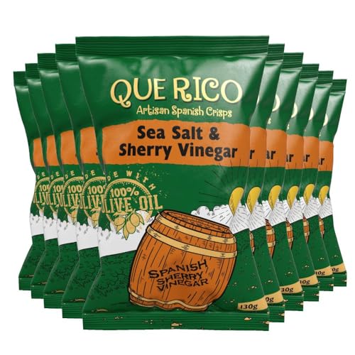 Que Rico Artisan Spanish Sea Salt and Sherry Vinegar Crisps, Made with 100% Olive Oil, 130 g (Pack of 10)