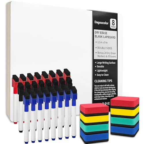 DagouColor Doble Cara Pizarra Portátil Blanca Pequeña (8 Pack), 30.5 * 22.9cm, 24 Marcadores de Borrado Seco, 8 Borradores para niños Diseño, Escuela, Hogar, Oficina