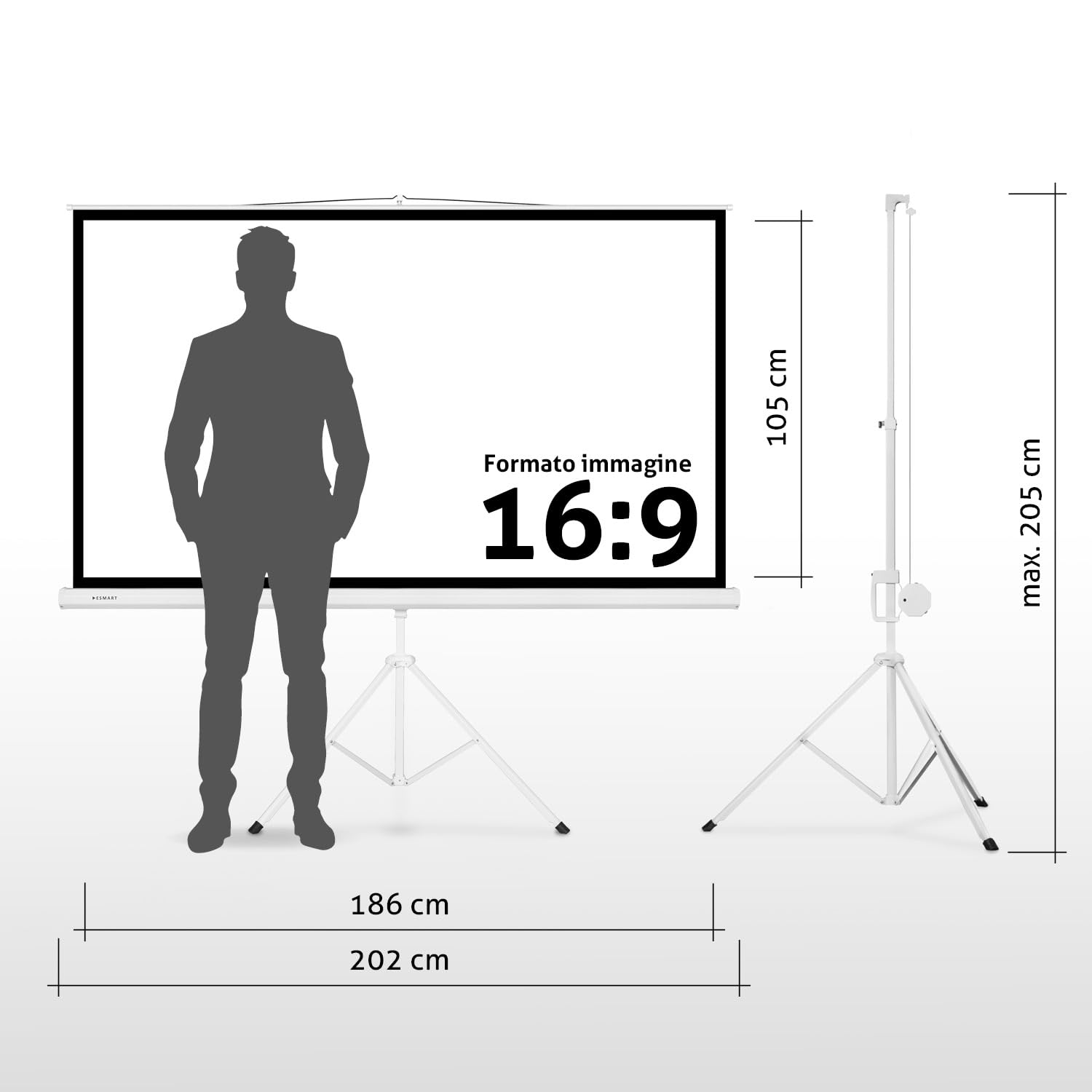 ESMART Professional MISATI schermo su treppiede L tot. 202 cm, telo bianco | Area di proiezione 186 × 105 cm, formato 16:9, telo bianco per home cinema e presentazioni, uso mobile