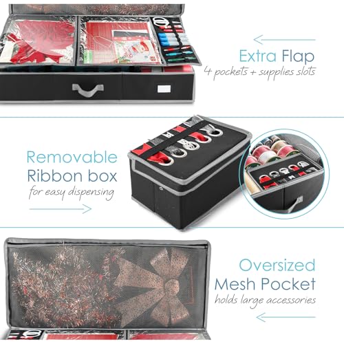 Image of Hearth & Harbor Wrapping Paper Storage Container with Ribbon Storage Organizer - Christmas Storage Bag with Extra Interior Pockets - Gift Wrapping Organizer Storage Fits Up to 26 Rolls of 40 inch Length