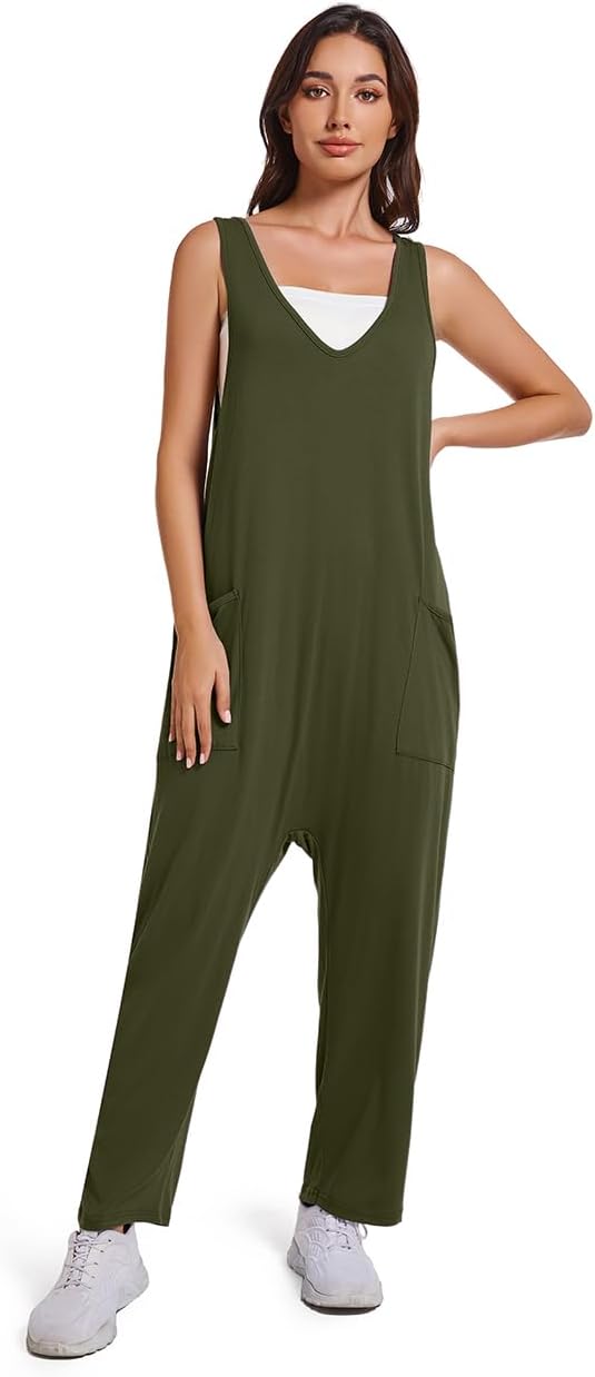 Womens V Neck Jumpsuit Casual Loose Tank Sleeveless Overalls Wide Leg Long Pants Romper with Pockets - Image 4