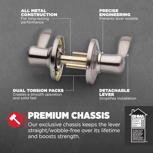 Image of Kwikset Tustin Interior Passage Door Handle, Lever For Closet and Hallway Doors, Reversible Non-Locking Handle Lever, Satin Nickel, with Microban Protection