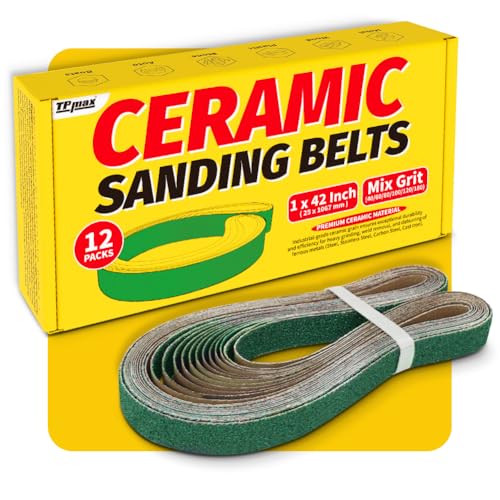 12 Pack 1 x 42 Inch Zirconia Ceramic Sanding Belts Kit – 40, 60, 80, 100, 120, 180 Grits Premium Metal Grinding Belts for Knife Sharpening, Stock Removal, and Bevel Work