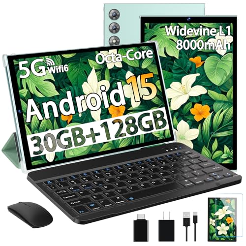 Image of 2026 Android 15 Tablet 10.1 Inch Tablets, 30GB RAM 128GB ROM 1TB Expand, 8000mAh Battery, BT5.0, 2.4 /5G Wi-Fi 6, Metal Body with Keyboard & Mouse, Gemini AI, Widevine L1 HD IPS Display - Green