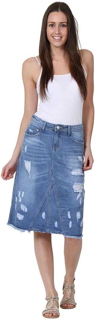 Mid-length Distressed Denim Skirt Destroyed Denim Midi Skirt Frayed Hem