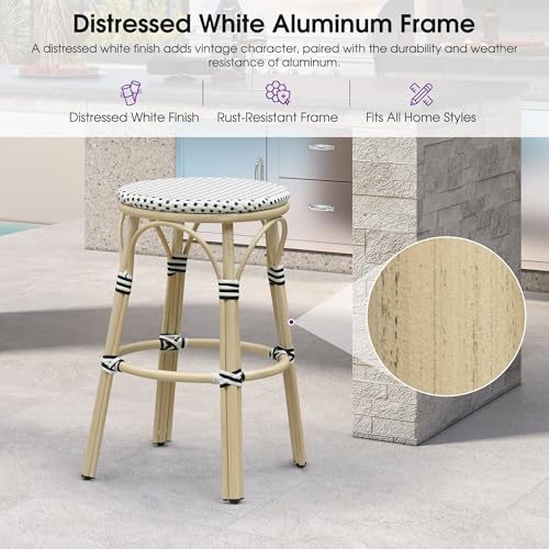 Image of PURPLE LEAF Outdoor French Round Bar Stool Set of 2 Backless 30 inch Oversized Handwoven Rattan Barstools with White Print Aluminum Frame for Bistro Kitchen Island Yard Pool White and Black