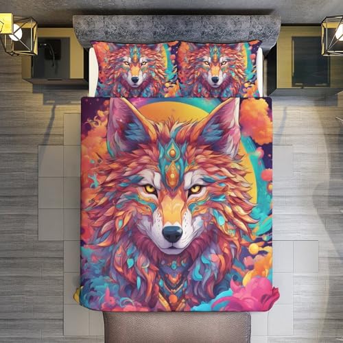 ZGDPBYF Conjunto de capa de edredom para lobo animal selvagem, jogo de cama de lobo espacial psicodé