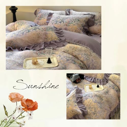 Image of VM VOUGEMARKET Romantic Ruffle Duvet Cover Set Queen,Purple Flower | Soft Double Layer Cotton Botanical Flower Bedding Set,Vintage Cottagecore Aesthetic Comforter Cover for Girls Women