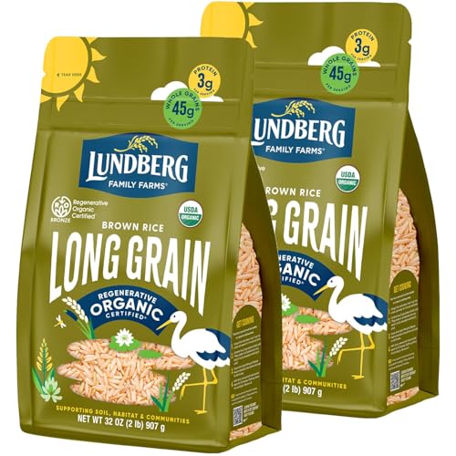 Lundberg Brown Rice, Regenerative Organic Certified, 2-Pack – Non-Sticky, Aromatic Long Grain Rice, Responsibly Grown in California, 32 Oz Ea