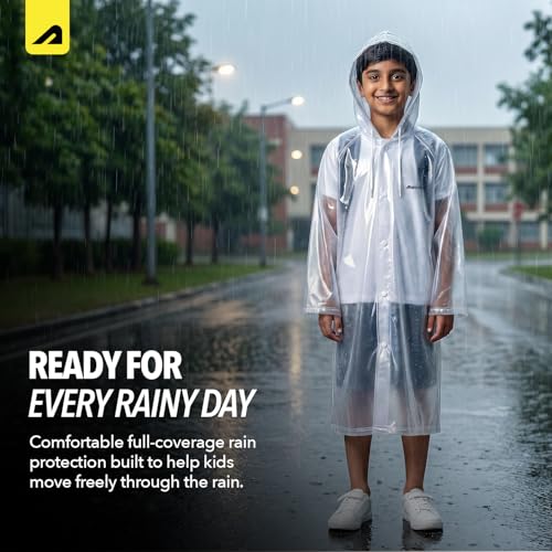Image of Boldfit Raincoat for Kids Smart Back Long Raincoat with Hood Waterproof Rain Coat for Boys & Girls Lightweight School Poncho Jacket with Pockets & Buttons