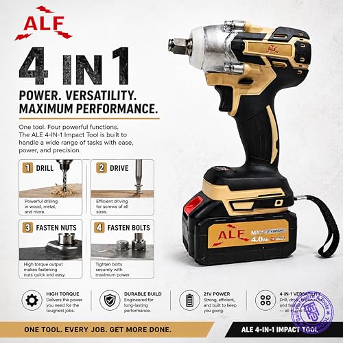 Image of ALF 4-in-1 Cordless Impact Wrench /Driver Drill 4.0Ah 21V, 850Nm Torque, 2x4.0Ah Li-ion Batteries, Variable Speed, LED Light | 30-Piece Kit of Sockets & Bits, Fast Charger & Carry Case. (4.0Ah 21v)