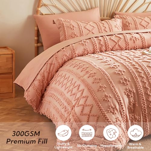 Image of MR&HM Queen Comforter Set 7 Pieces, Tufted Boho Beddding Set Coral Pink