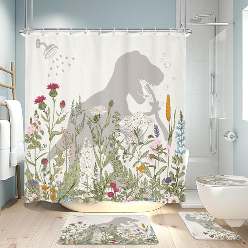 LGhtyro 4PCS Wildflower Dinosaur Kids 71Wx71H Inches Floral Rustic Botanical Shower Curtain Sets with Rugs Toilet Lid Cover and Bath Mat Cute Bath Accessories Art Home Decor Fabric 12 Pack Hooks