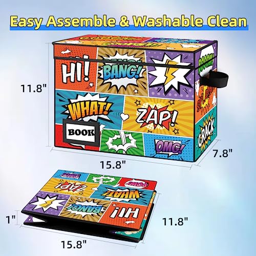 Image of 2 Pack Comic Book Storage box, Collection 15.8 inch X 7.8 inch X 11.8 inch, Collapsible Holds 160-180 Comic Book Short Box Organizer Container Holder Shelf(Cartoon Colorful)