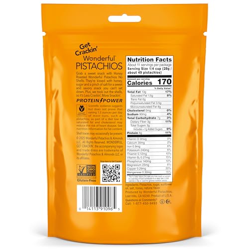 Image of Wonderful Pistachios No Shells, Honey Roasted Nuts, 11 Ounce Resealable Bag, Protein Snacks, Gluten Free, Healthy Office Snacks