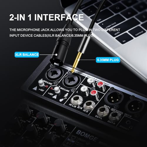 Image of BOMGE 4 Channel mini DJ Audio Sound Mixer Interface with MP3 USB Bluetooth Stereo Recording 48V Phantom Power 99 DSP for karaoke, performance, church singing podcas streaming