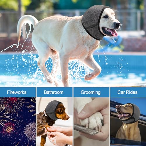 Image of NACOCO Dog Calming Hoodie - No Shake Water Resistant Ear Wraps for Dogs Anxiety Relief & Noise Protection Dog Head Wrap Pet Ear Cover Muffs for Swim Bathing Hematoma(Dark Grey, M)