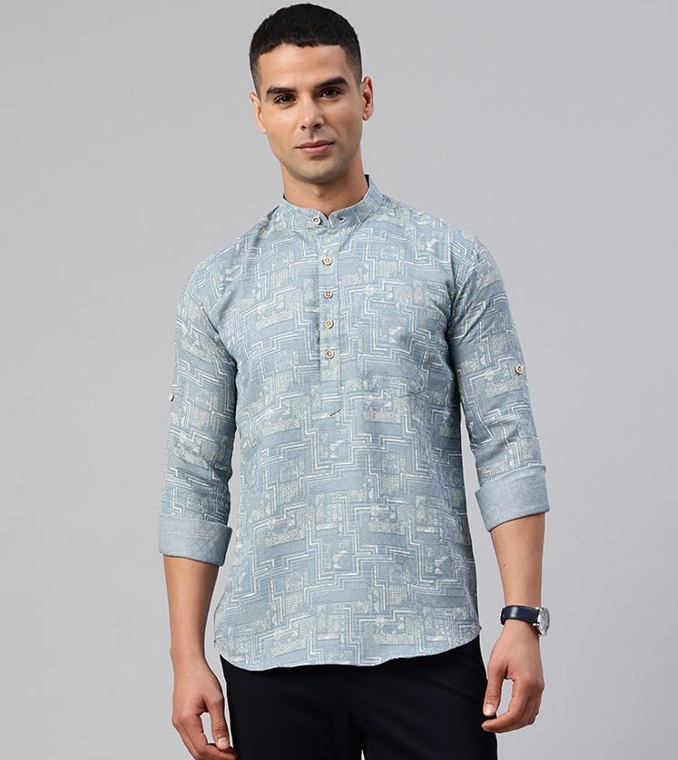 Image of Majestic Man Men's Pure Cotton Printed Mandarin Collar Regular Fit Roll-Up Sleeves Short Kurta