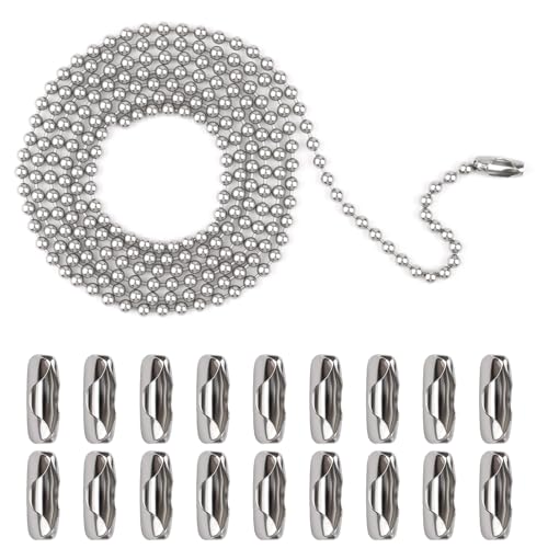 Notoke Cadena de bolas de acero inoxidable de 3 m, 3 mm de diámetro con 20 conexiones a juego, para collares, joyas, extensores de cadena de ventiladores, lámparas, lámparas, cortinas y etiquetas para