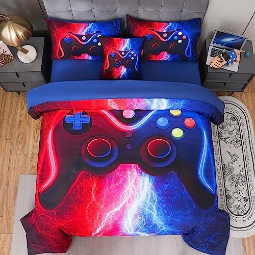 6 Pcs Gaming Full Bedding Sets for Boys, Red Blue Lightnings Game Console Full Size Comforter Sets with Sheets