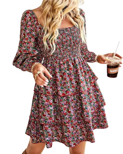 BTFBM Womens Long Sleeve Dress Vacation Square Neck Smocked Floral