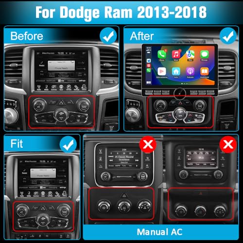 Image of Android Car Radio Stereo for Dodge Ram 2013-2019 1500 2500 3500,10.6 inch Screen 4G+64G Qualcomm 6215,Supports Carplay /Android Auto Built-in BT /WiFi /GPS /AM /FM /SWC /4G Network (SIM Not Included) AUTO AC