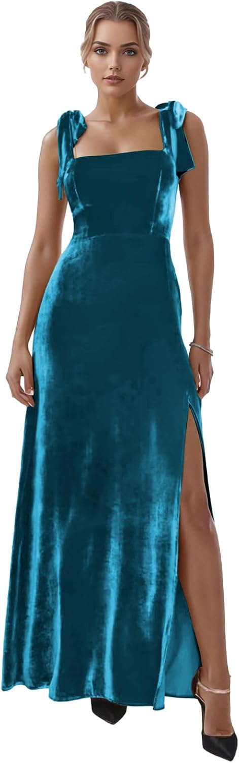 Bow straps velvet dress for bridesmaids evening prom