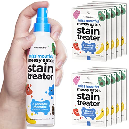 Image of HATE STAINS CO Stain Remover for Clothes - 4oz Spray & 10 Wipes - Baby & Newborn Essentials - Miss Mouth's Messy Eater Stain Treater - No Dry Cleaning Food, Ink, Grease Off Laundry, Underwear, Fabric
