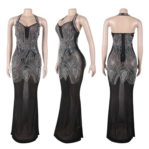Women Sexy Elegant Rhinestone Mesh See Through Party Club Night Split Bodycon Formal Maxi Dress4