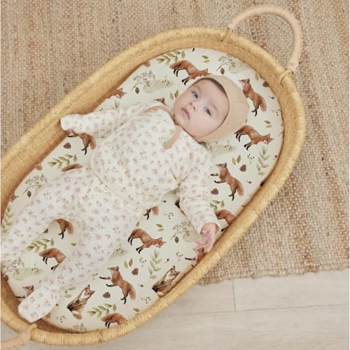 Image of Stretch Fitted Bassinet Sheet Set BROLEX 2 Pack Cradle Sheets for Bassinet Pad /Mattress,Unisex Boys Girls,Ultra Soft,Fox Foliage