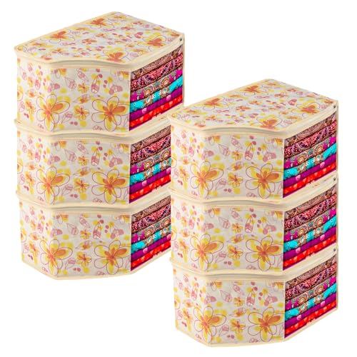 Image of Urbane Home Blouse Cover | Clothes Storage Bag | Zipper Wardrobe Organizers | Non-Woven Clothes Organiser | Side Transparent Blouse Organizer | Red Flower-Design | Pack of 6 | Ivory