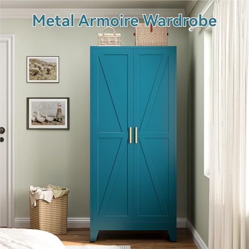 Image of Metal Wardrobe Closet with Doors and Shelves, 71 inch Farmhouse Bedroom Armoire with Hanger Rod and Clothing Shelf, White Steel Wardrobe Cabinet Storage Clothes Closet