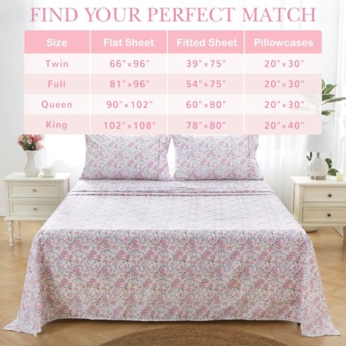 Image of Mooreeke Cozy Vintage Microfiber Printed King Sheet Set - Soft Breathable Percale Cotton Floral Bed Sheets with Deep Pocket - Non-Slip Fitted Design - Pink Purple Flowers Pattern