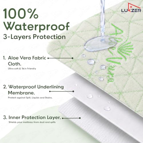 Image of Lukzer 100% Waterproof Diamond Aloe Vera Mattress Protector Queen Size 72 inch x 60 inch inch | 360 Elastic fit, Breathable, Hypoallergenic, Noiseless, Ultra-Soft Fitted Bed Protector /Deep Pocket Bed Cover