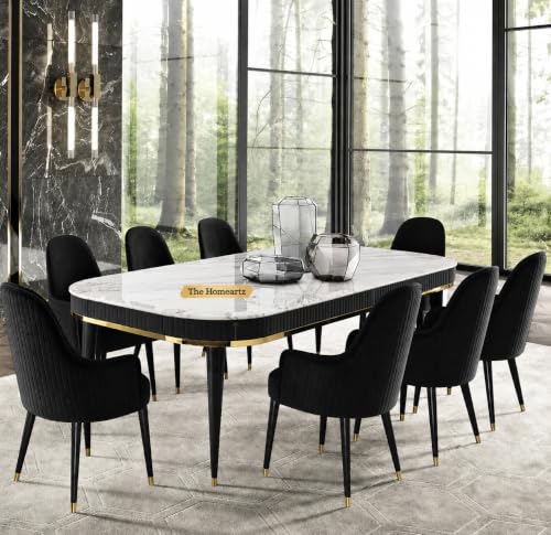 Image of The Homeartz 8-Seater Modern Wooden Dining Table Set | 1 Year Warranty | Created Italian Statuario Marble Top | Elegant Composite Marble Table with 8 Chairs (Black)