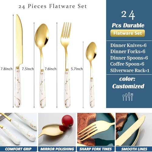 Image of Artek Stainless Steel Spoons, Forks & Knives Set of 24 with Stand and Ceramic Handle Golden Cutlery Set (White)
