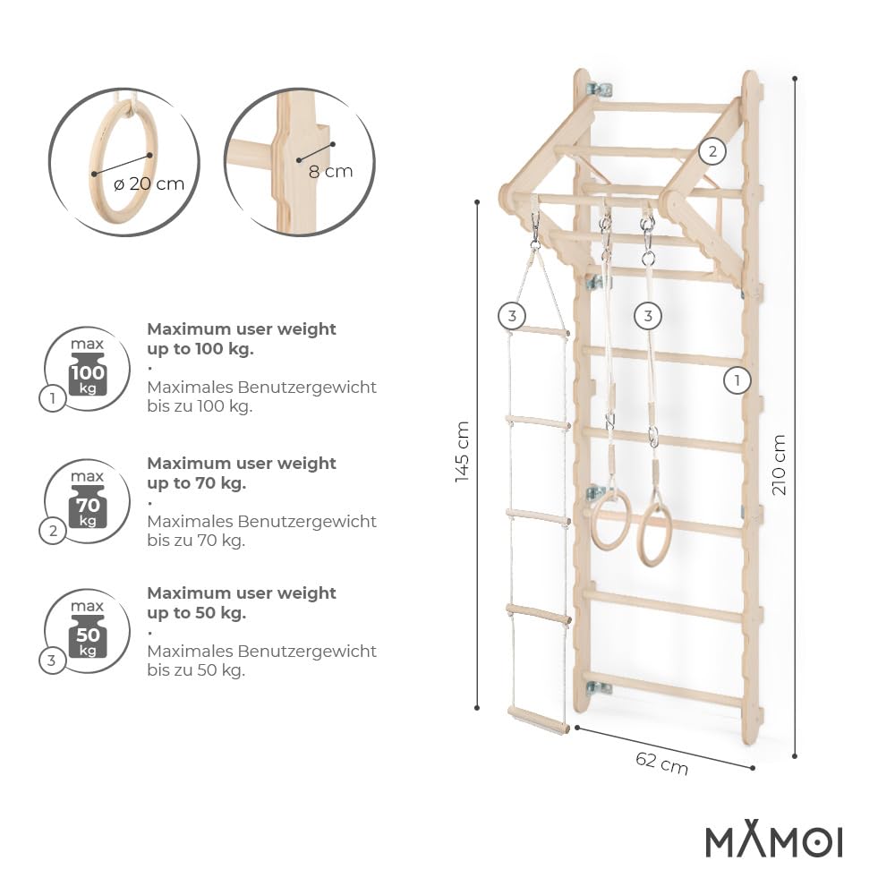 MAMOI® Spalliera da parete 210 cm per adulti, scala ginnica in legno con barra per trazioni, anelli e scala di corda, set di allenamento per casa e palestra