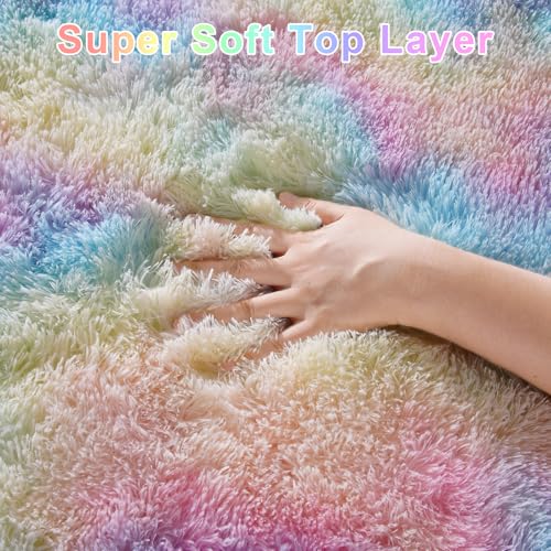 Rainbow Area Rugs for Girls Bedroom, 5x8 Fluffy Fuzzy Shaggy Carpet for Kids Playroom Nursery Living Room, Thick Soft Plush Mat for Kids Baby Boys Teen Dorm Home Decor Aesthetic
